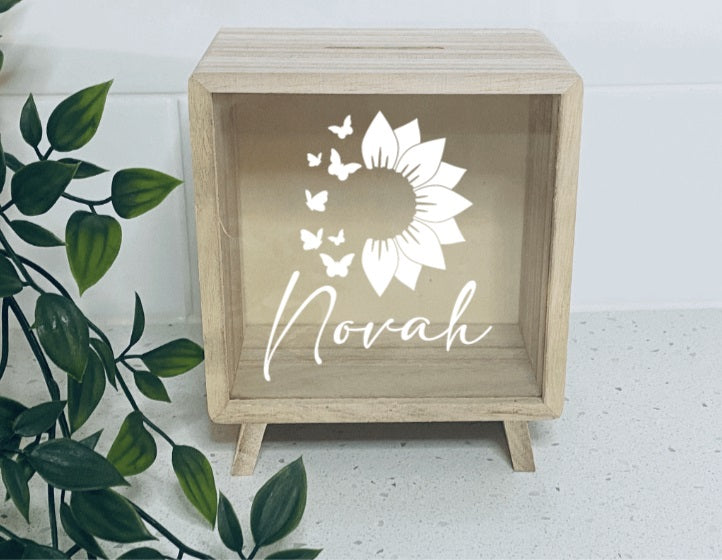 Wooden Money Box- Sunflower/ Butterfly
