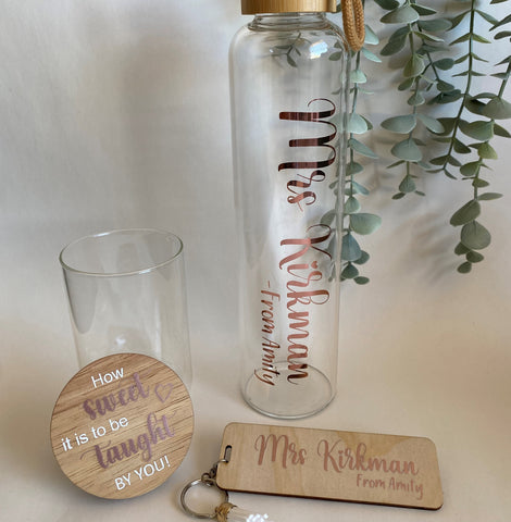 Glass Drink Bottle, Jar & Bookmark Pack Wooden