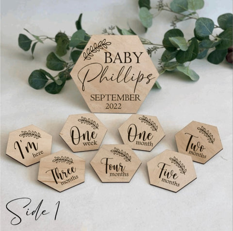 Pregnancy announcement, Birth announcement and Age milestone disk set- Hexagon