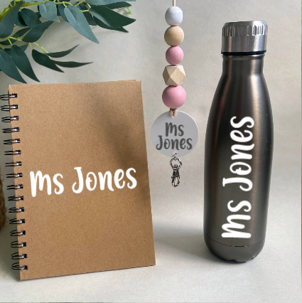Glass or Stainless Steel Drink Bottle, Notebook & Wooden Bead Lanyard Pack