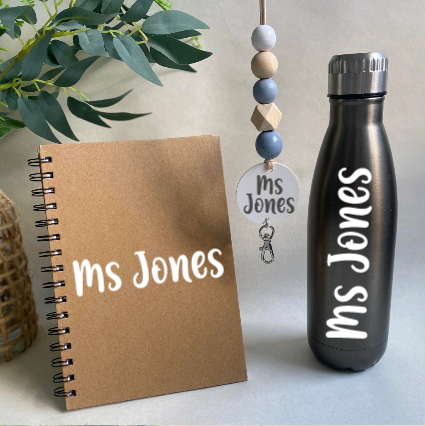 Glass or Stainless Steel Drink Bottle, Notebook & Wooden Bead Lanyard Pack