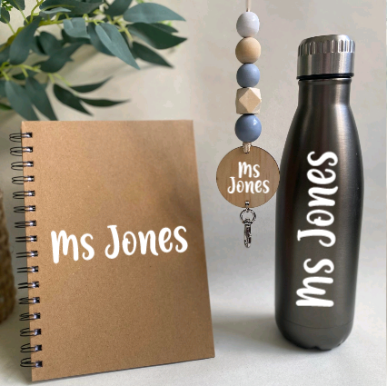 Glass or Stainless Steel Drink Bottle, Notebook & Wooden Bead Lanyard Pack