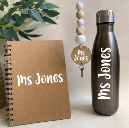 Glass or Stainless Steel Drink Bottle, Notebook & Wooden Bead Lanyard Pack