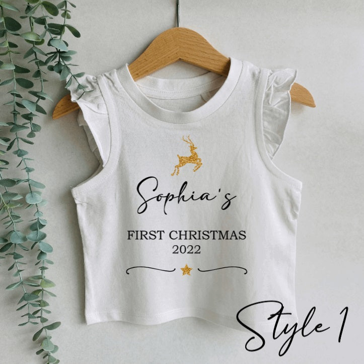 Personalised First Christmas girls frill tank