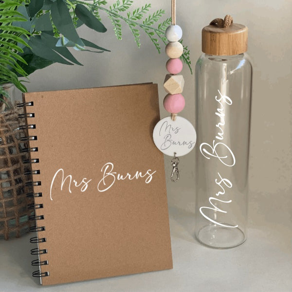 Glass or Stainless Steel Drink Bottle, Notebook & Wooden Bead Lanyard Pack