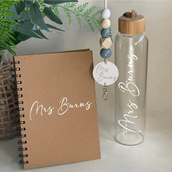 Glass or Stainless Steel Drink Bottle, Notebook & Wooden Bead Lanyard Pack