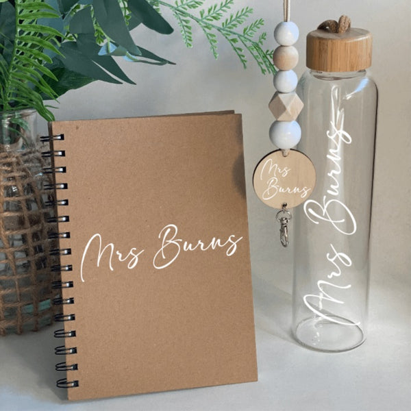 Glass or Stainless Steel Drink Bottle, Notebook & Wooden Bead Lanyard Pack