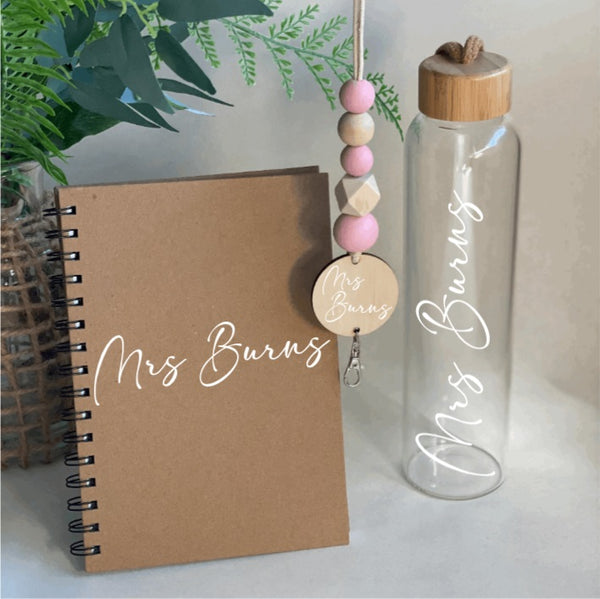 Glass or Stainless Steel Drink Bottle, Notebook & Wooden Bead Lanyard Pack