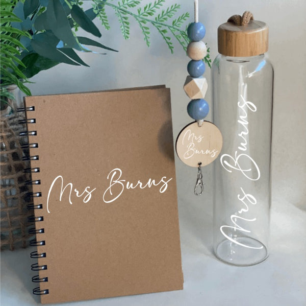 Glass or Stainless Steel Drink Bottle, Notebook & Wooden Bead Lanyard Pack